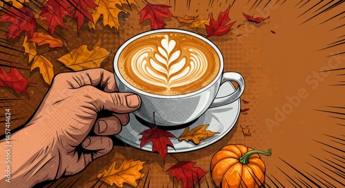 Obraz na płótnie Hand holding a white coffee cup with latte art surrounded by autumn leaves w salonie