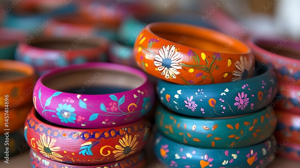 Stack Of Vibrant Hand Painted Wooden Bracelets Close Up High Resolution Photo Stack Of Vibrant Hand Painted Wooden Bracelets Close Up High Resolution Photo