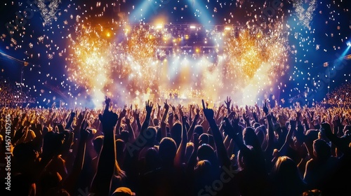 Crowd at concert with fireworks and confetti