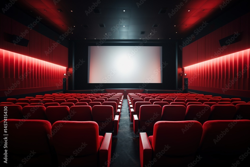 Fototapeta premium mockup of empty white cinema screen in theater with red seats, captured in wide-angle shot. cinema hall and provides clean canvas for showcasing movie posters, ads, or other visual content.