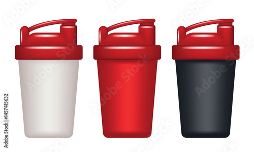 Sports shaker. Cocktail shaker. Set of vector 3d icons isolated on white background.
