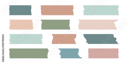 Set of torn pastel adhesive tape pieces. Ripped washi tape stripes. Vector isolated masking tape collection for scrapbooking, journaling, paper craft, planner, collage, bullet journal, photo mockup