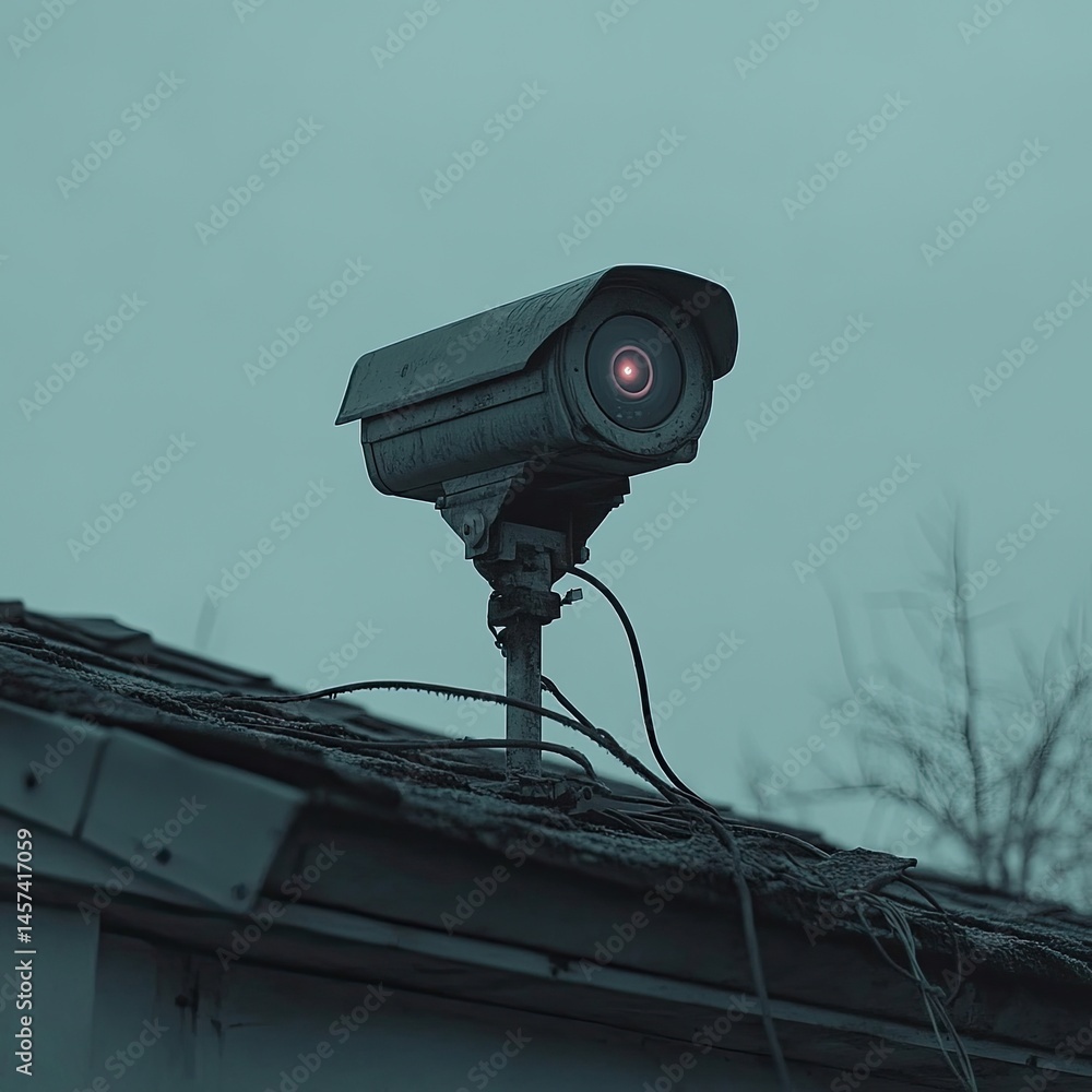 Surveillance camera atop a house. A security camera mounted on a residential roof. Red light illuminates the lens. Dimly lit, overcast sky Surveillance camera atop a house. A security camera mounted on a residential roof. Red light illuminates the lens. Dimly lit, overcast sky