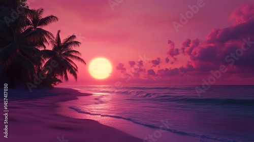 Fototapeta Naklejka Na Ścianę i Meble -  Stunning pink sunset tropical beach scene with palm trees ocean waves sky sea sand calm warm shore