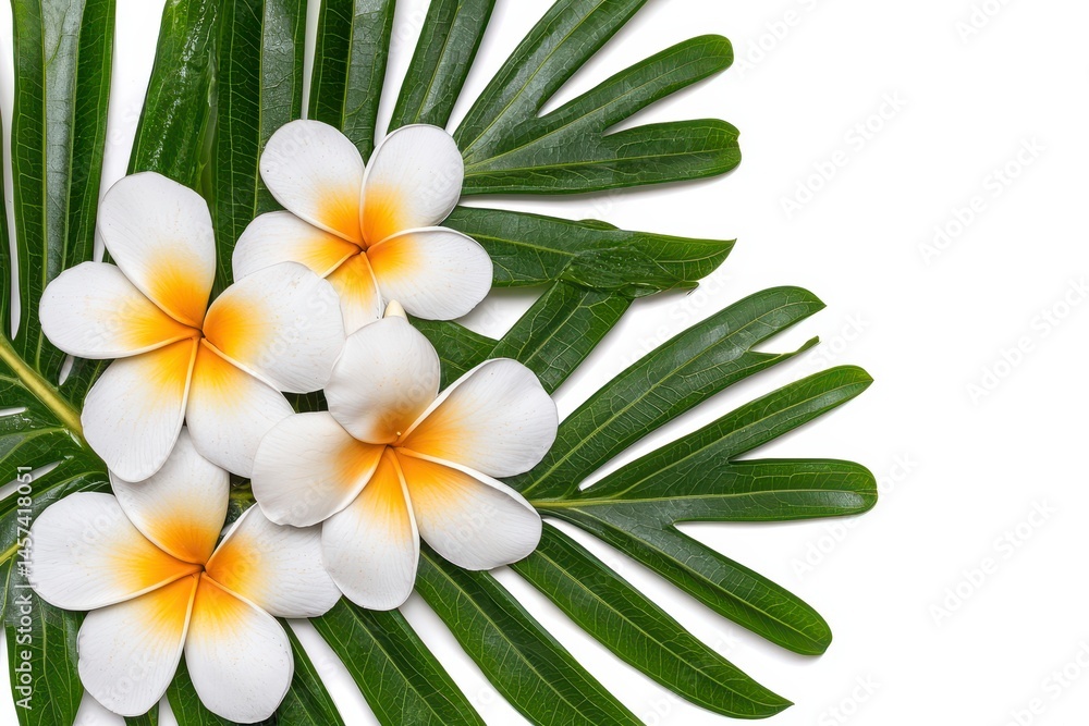 Fototapeta premium White Plumeria Flowers and Green Palm Leaves on White Background