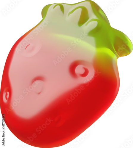 Chewy jelly gummy candy strawberry shape and flavor 3D vector icon, realistic marmalade confectionery, fruit taste sweet