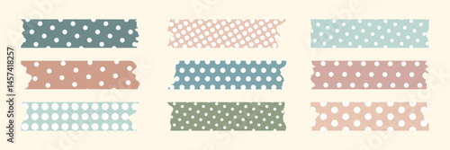 Vintage polka dot masking tape collection. Pastel torn sticky stripes in dotted pattern. Flat vector clipart for digital scrapbooking, notes, craft design, stationery, collage, digital stickers