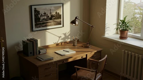 Wallpaper Mural Desk with lamp in office atmosphere. Cozy workspace interior with wooden desk, stationary, and plant by the window. Vintage workplace for home office. Torontodigital.ca