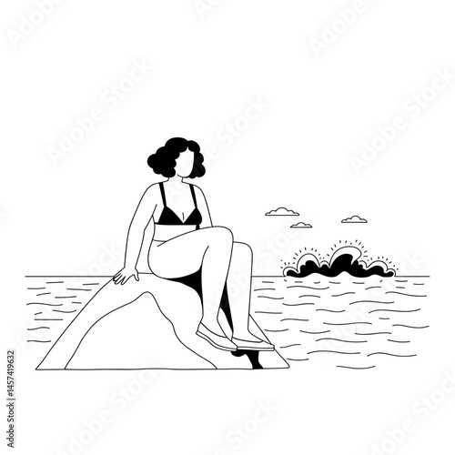 Woman sitting on rock by ocean with scenic waves