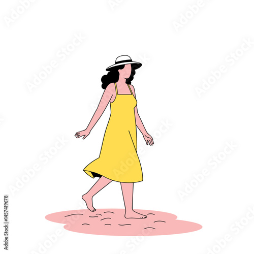Woman in yellow sundress walking barefoot on pink sand beach