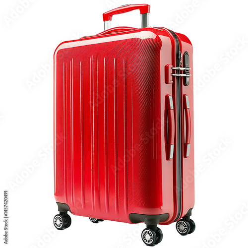 Red suitcase with wheels isolated on transparent background