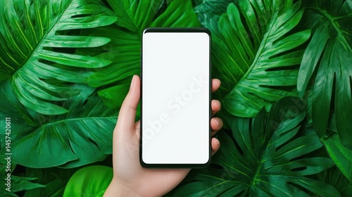 Hand holding smartphone with blank screen on tropical leaves