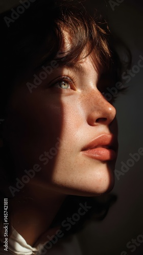 A young woman with striking features is captured in a moment of contemplation. Shadows play across her face, enhancing her delicate features and vibrant green eyes