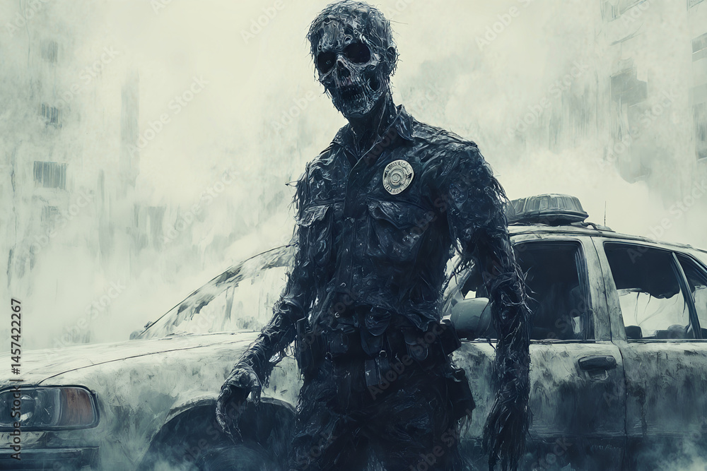 Fototapeta premium Dark scary skeleton in police uniform and abandoned car on misty background, officer zombie looks at camera, fantasy illustration, concept of dead, horror and halloween.