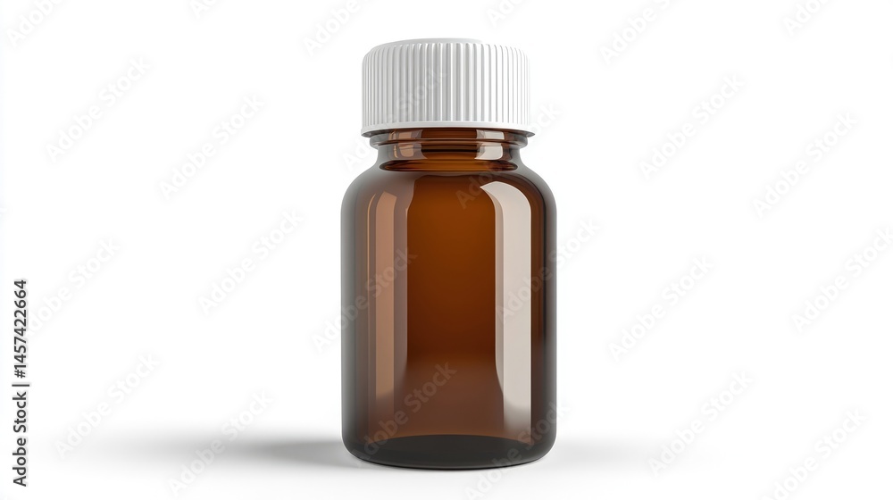 Empty brown glass bottle with a white cap, suitable for medical, pharmaceutical, or cosmetic use, ideal for packaging liquids or syrups Empty brown glass bottle with a white cap, suitable for medical, pharmaceutical, or cosmetic use, ideal for packaging liquids or syrups