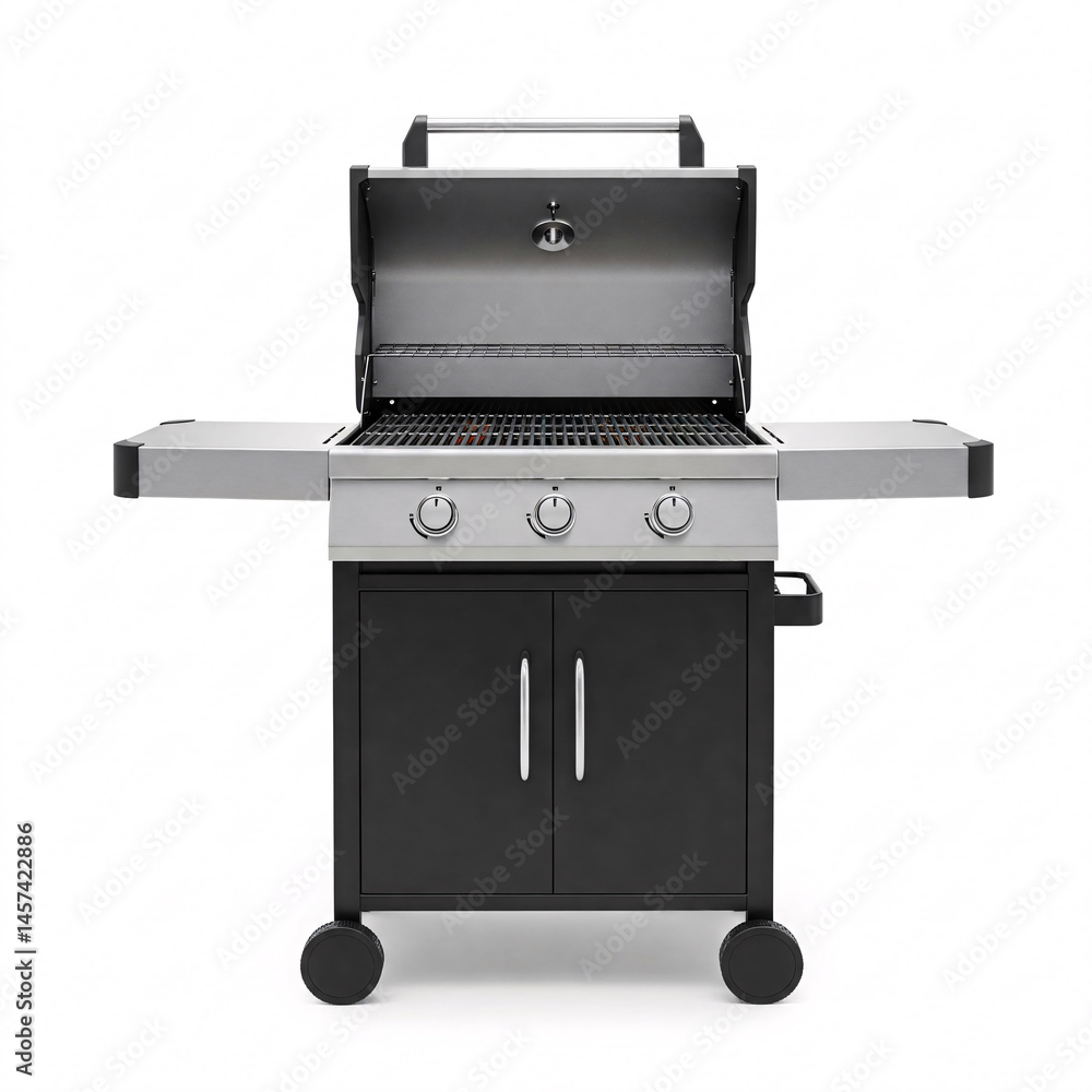 Black and silver gas grill with three burners and side shelves on a white background Black and silver gas grill with three burners and side shelves on a white background