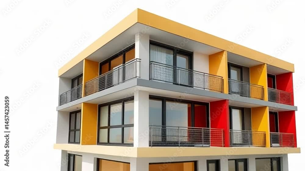 Modern Colorful Apartment Building Isolated on White Background – Contemporary Three-Story Residential Architecture with Balconies, Ideal for Real Estate, Housing, and Urban Design Projects Modern Colorful Apartment Building Isolated on White Background – Contemporary Three-Story Residential Architecture with Balconies, Ideal for Real Estate, Housing, and Urban Design Projects