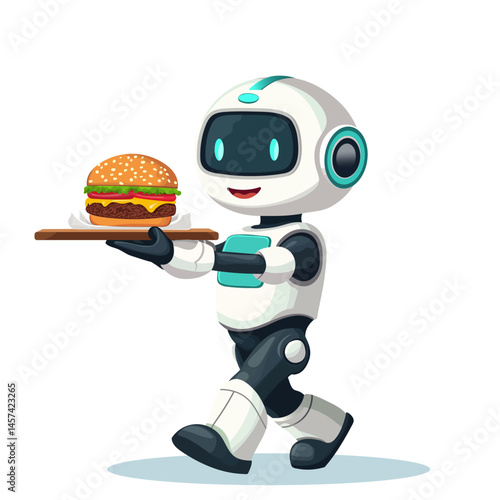 A robot waiter carries a burger on a wooden tray. Vector illustration on a white background. The concept of a robotic cafe worker system in the future. Cartoon-style AI