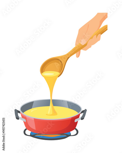 Pouring Batter to Cooking Pot on Fire - Vector Illustration