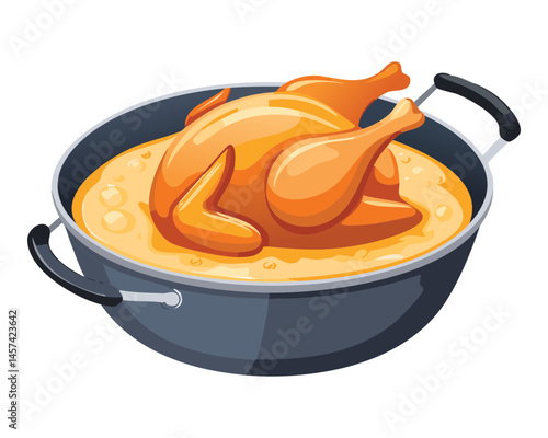 Chicken Boiled with broth on Pot - Vector Illustration