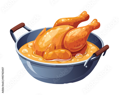 Deep Fried Whole Chicken in Pot - Vector Illustration