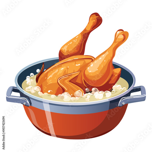 Boiling Whole Chicken in a Soup Pot - Vector Illustration
