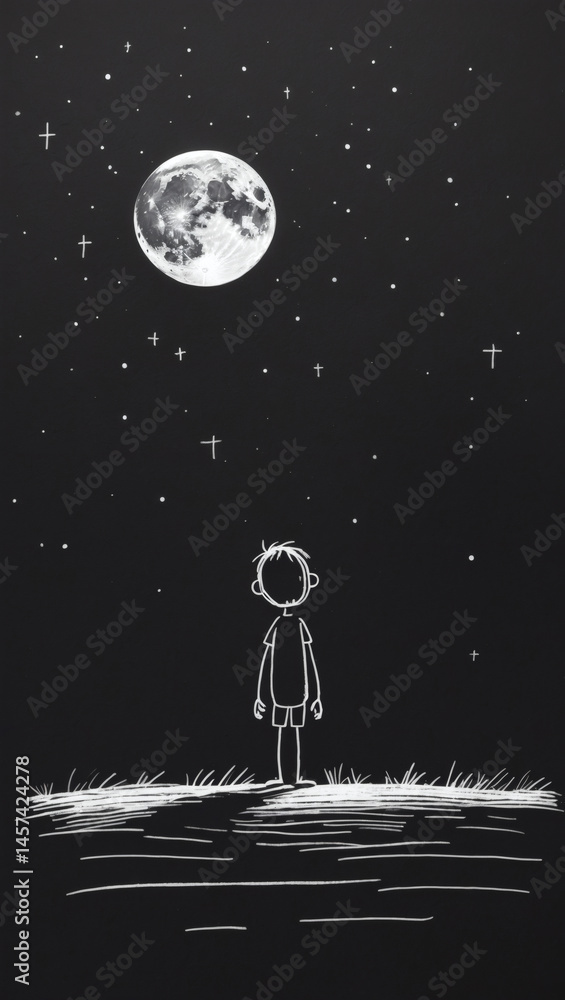 Obraz premium A lone figure gazes at the majestic moon and twinkling stars, standing on the grass, a serene night scene.