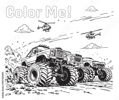 A black and white illustration of monster trucks and helicopters with the text "Color Me!" for a fun coloring activity.