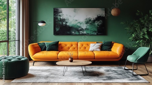 Modern living room with vibrant orange sofa and deep green accents