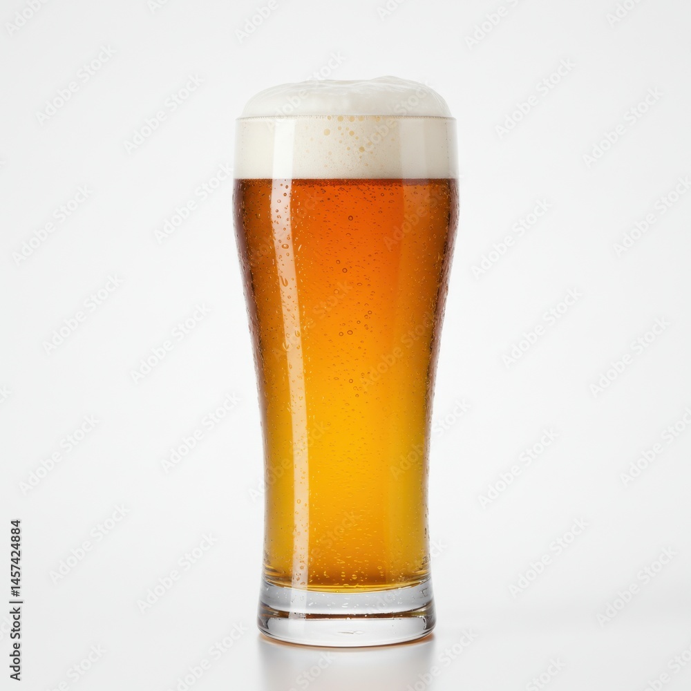 A pilsner glass filled with golden beer and a thick white head on a plain white background scene shot A pilsner glass filled with golden beer and a thick white head on a plain white background scene shot