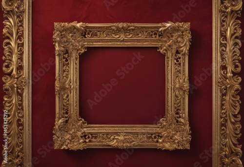 Intricate gold scroll frame on deep crimson velvet , shadow, decor, artwork