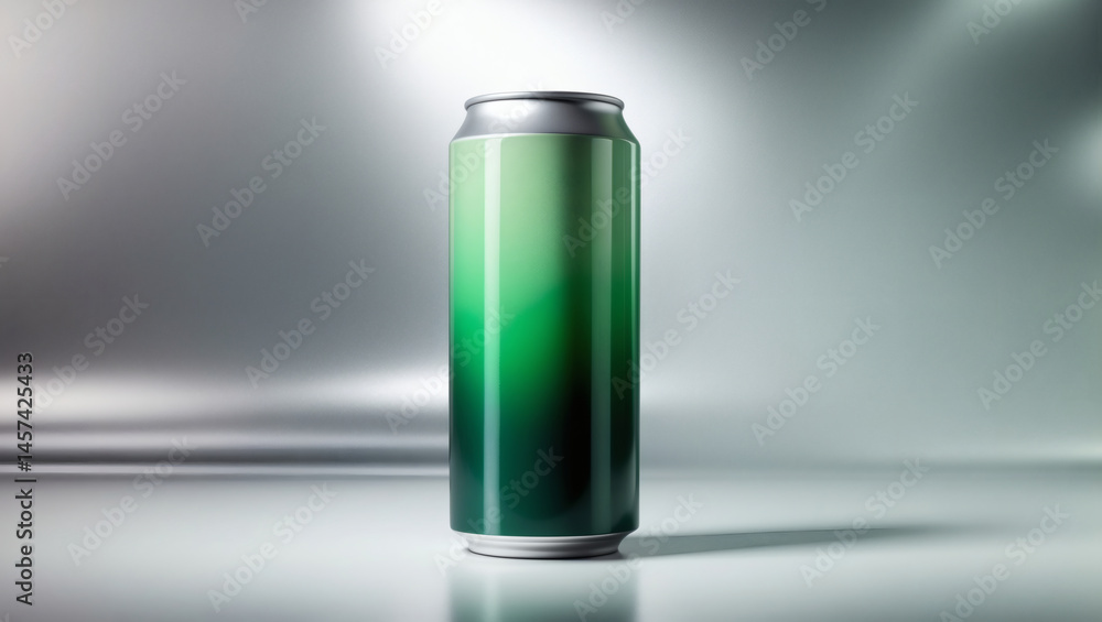 A sleek, unmarked metal can with a gradient of green stands against a reflective, light-filled backdrop. Minimalist and contemporary design. A sleek, unmarked metal can with a gradient of green stands against a reflective, light-filled backdrop. Minimalist and contemporary design.
