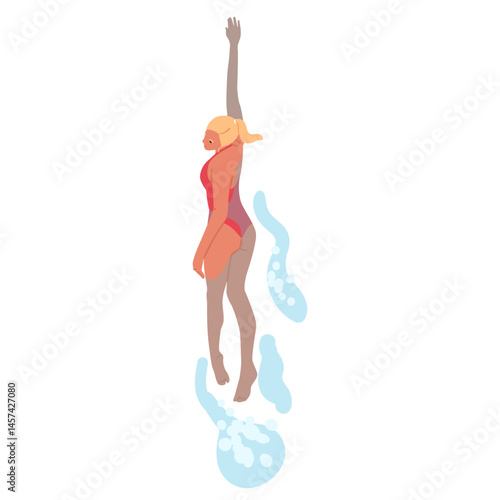 Woman cartoon character swimming alone in sea waves overhead view isolated on white background