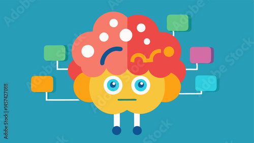 Brain Overload An of a brain filled with colorful chaotic icons representing social media and flashy adver with a frustrated face symbolizing information overload.