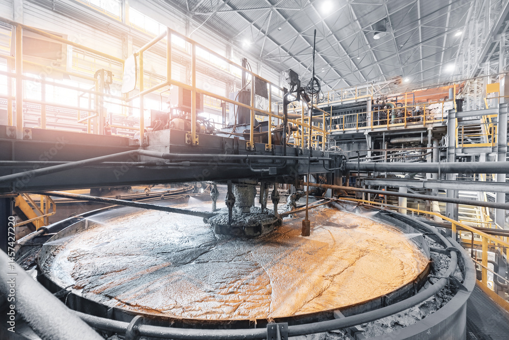 Copper concentration plant. Flotation and processing for ore. Closeup of fine pulp with bubbles