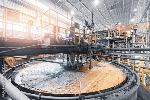 Obraz na płótnie Copper concentration plant. Flotation and processing for ore. Closeup of fine pulp with bubbles w salonie