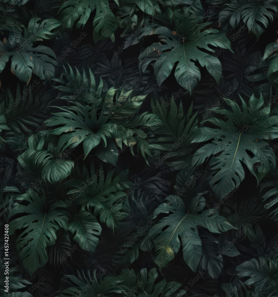 Fototapeta premium Intricate dark green & black tropical leaves, abstract pattern , black, vector, jungle background