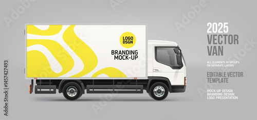 Delivery Van, Truck mockup with yellow branding design. Abstract branding graphics of yellow stripes decal design for transport. Branding vehicle. Horizontal AD banner. Editable vector template