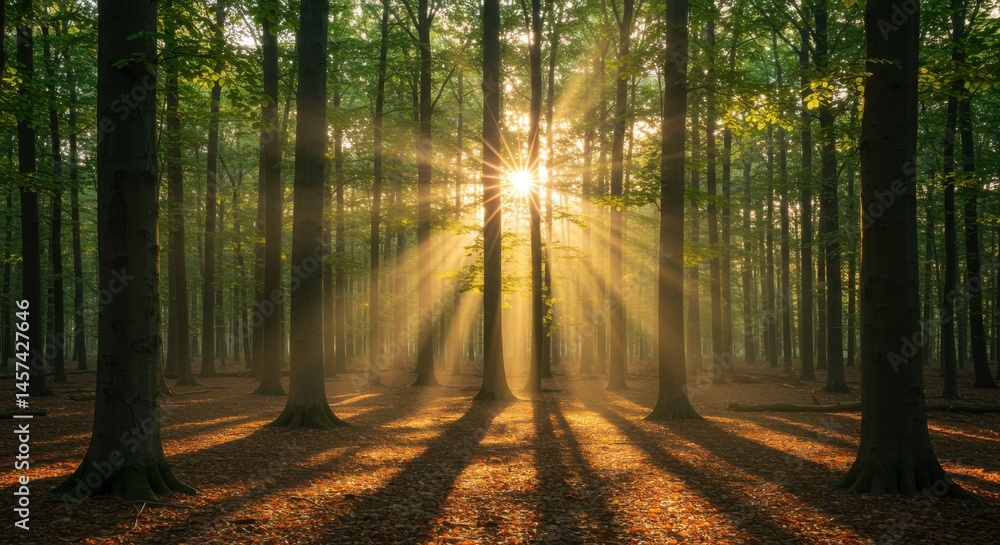 Fototapeta premium Sunlight streaming through tall trees in a forest casting long shadows on the ground covered in leaves