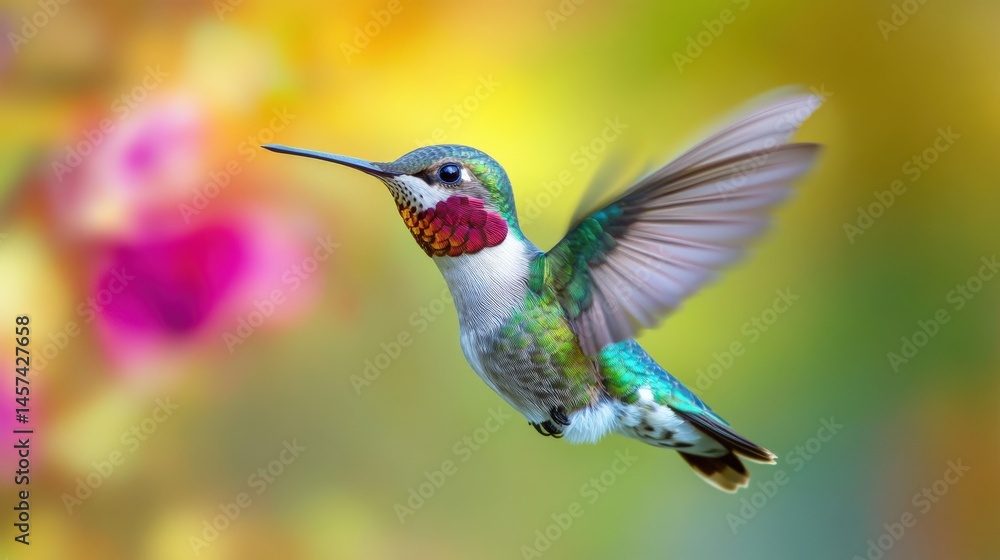 Fototapeta premium Vibrant hummingbird in flight amongst colorful blossoms.