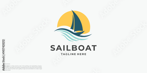 Illustration of a sailboat sails against a yellow sun.