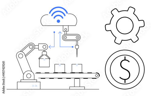 Robotic arm on conveyor linked to wireless technology, gear, and dollar sign. Ideal for automation, manufacturing, IoT, industry 4.0 efficiency smart technology economy. Flat simple metaphor