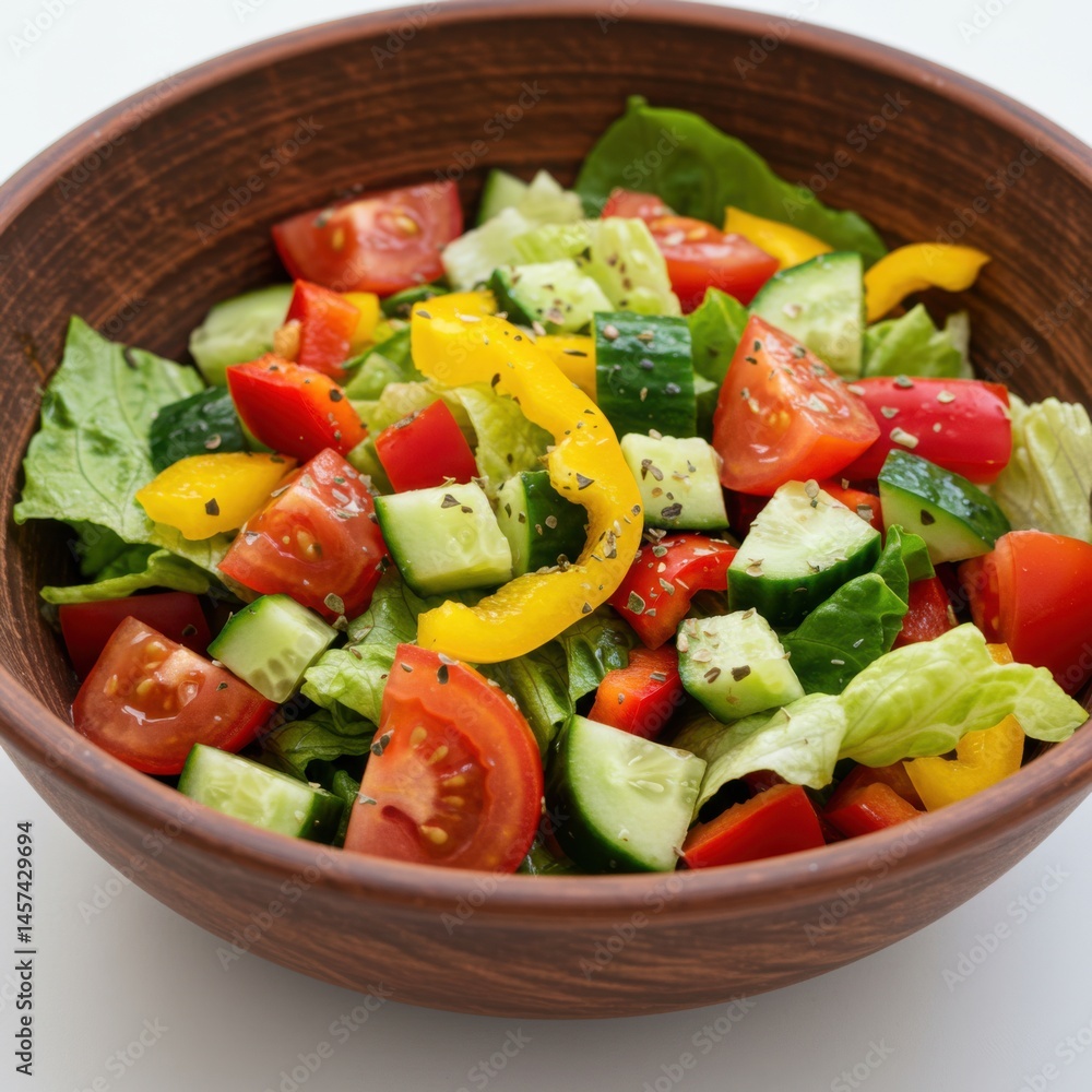 A wooden bowl filled with a colorful salad of lettuce tomatoes cucumbers and bell peppers served fresh A wooden bowl filled with a colorful salad of lettuce tomatoes cucumbers and bell peppers served fresh