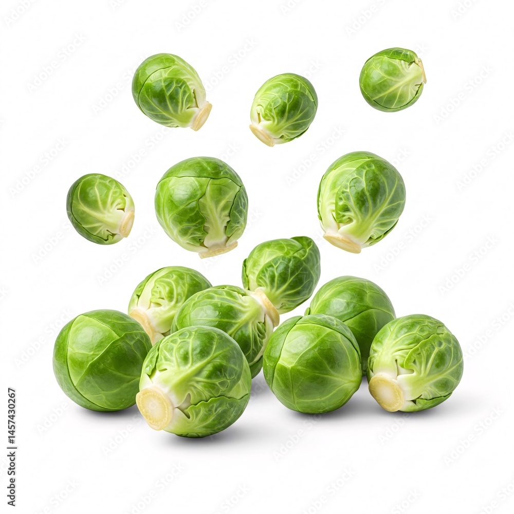 Fototapeta premium Brussels sprouts falling on a white background, creating a dynamic effect