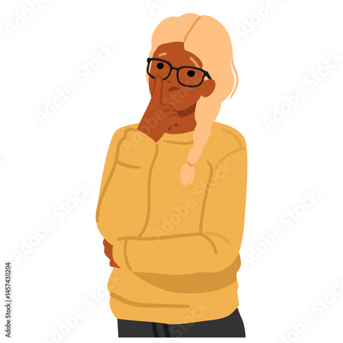 Thoughtful nerd girl cartoon geek character in glasses feeling concerned with plans an dreams