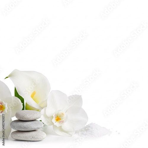 Spa composition with flowers and stones isolated on white background. Orchids, calla lilies, and sea salt close-up