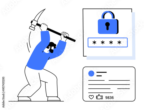 Character with pickaxe attempting to break a password lock alongside social media visualization. Ideal for cybersecurity, hacking, password protection, security awareness, social engineering, online