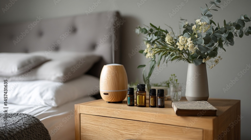 A display of essential oils and a diffuser on a bedside table highlighting the use of aromatherapy to promote relaxation and better sleep quality.
