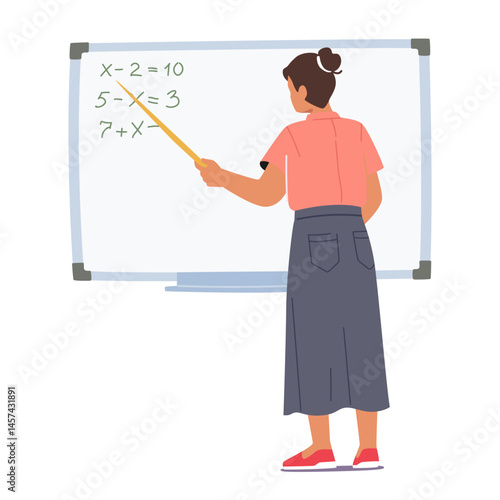 Woman teacher standing at blackboard explaining math subject for students isolated on white
