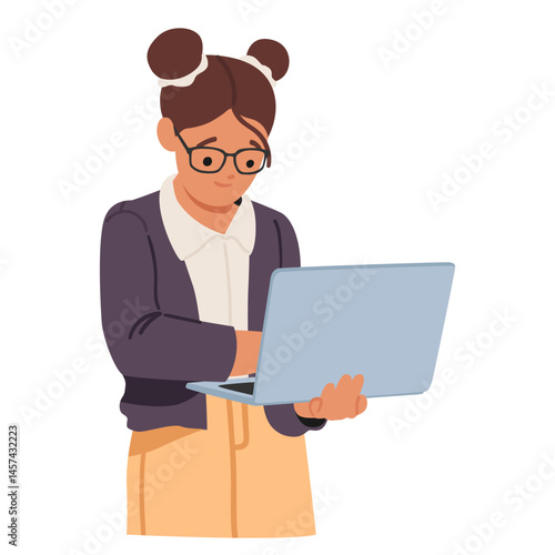 Smart nerd girl geek student using laptop computer for studying isolated on white background
